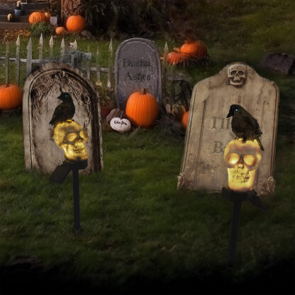 Skull & Crow Solar Pathway Lights with Glow in The Dark Eyes, Set of 2 - Image 2