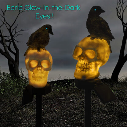 Skull & Crow Solar Pathway Lights with Glow in The Dark Eyes, Set of 2